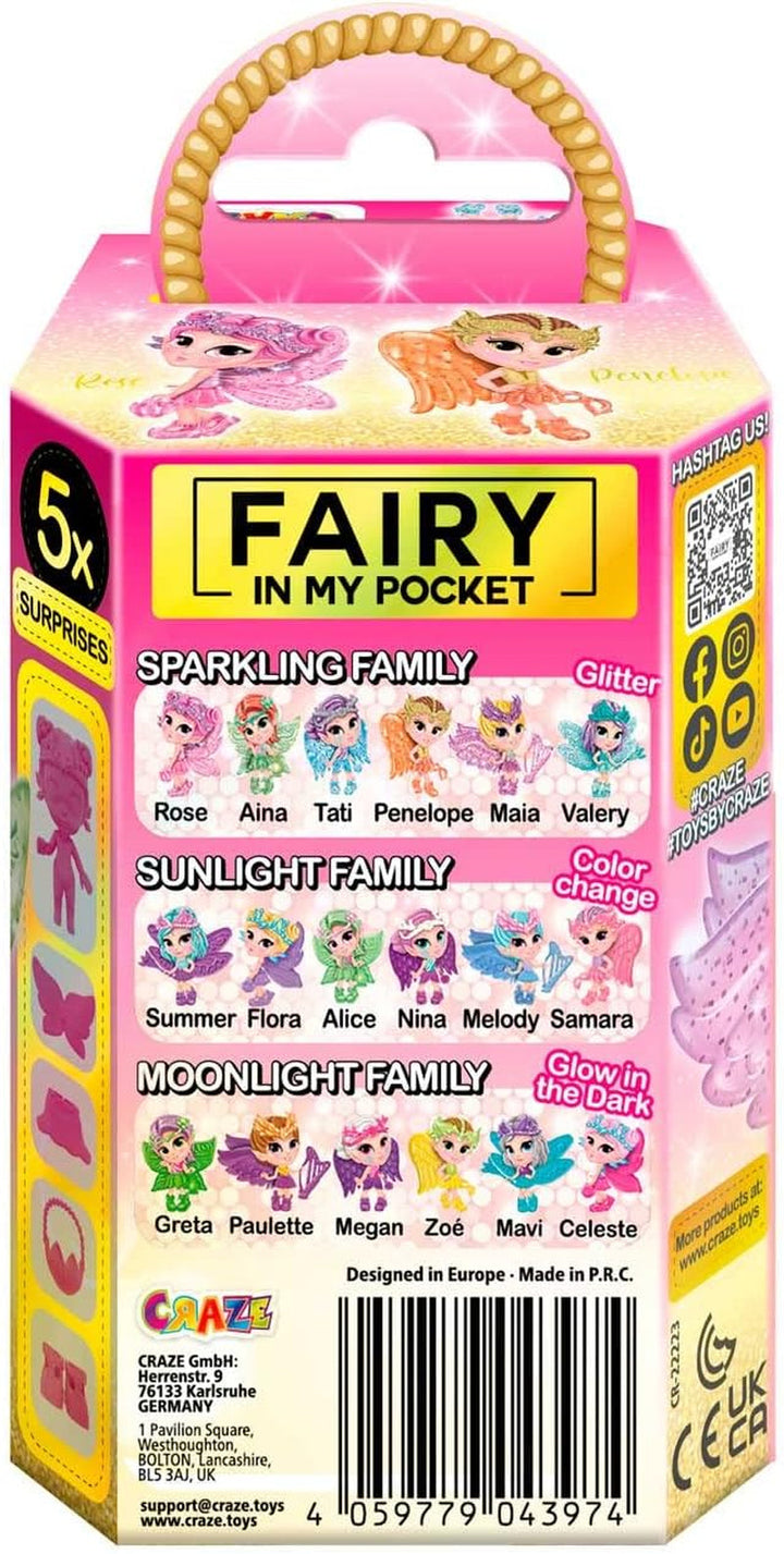 CRAZE Fairy in My Pocket | Păpușă zână cu aripi, jucărie zână de colecționat cu efecte speciale precum sclipici, strălucire în întuneric și schimbare de culoare