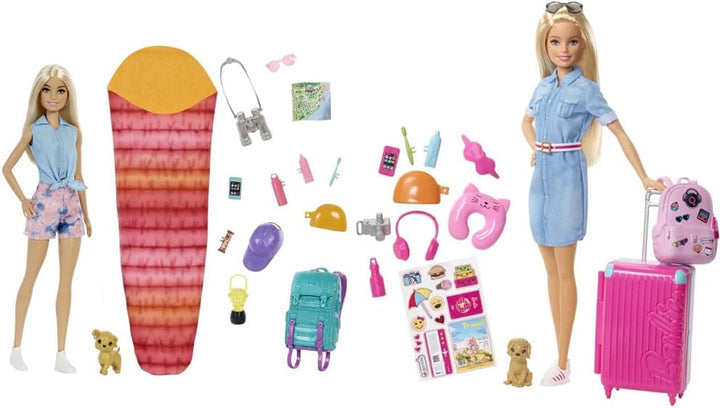 Barbie Camping Series, păpușă 1X cu păr blond, rucsac de drumeție, echipament de exterior, binoclu, hartă, cățel, accesorii, cadou pentru copii, jucărie de la 3 ani,Hdf73