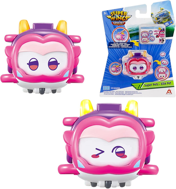 Super Wings Super Pets 4 PCS Shine, Golden Boy, Jerome, Ellie, cu expresie facială comutabilă, cu efect de fulger, portabil, jucărie pentru 3 4 5 6 7 8 ani băiat fată, 2 inci