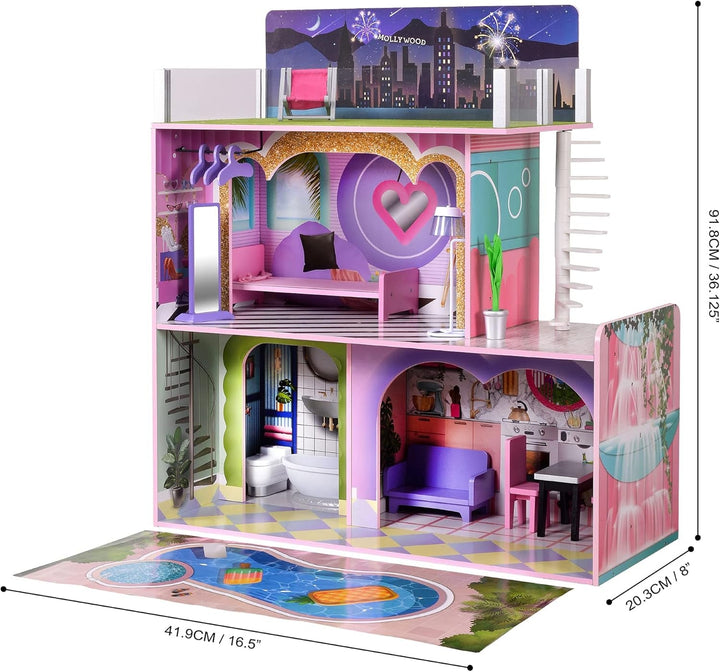 Olivia's Little World Big Dreamland Sunset Contemporary Casa de păpuși interactivă din lemn pentru copii 3 etaje cu 16 accesorii de mobilier pentru păpuși Multi TD-13616A