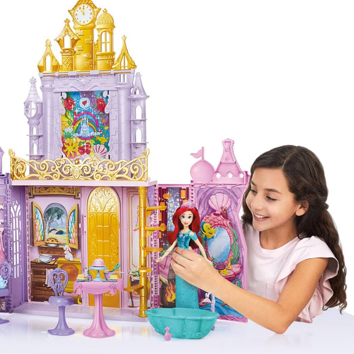 Castelul festiv al prințesei Disney pentru deplasare, casă de păpuși pliabilă cu mobilier și accesorii, pentru fete de la 3 ani