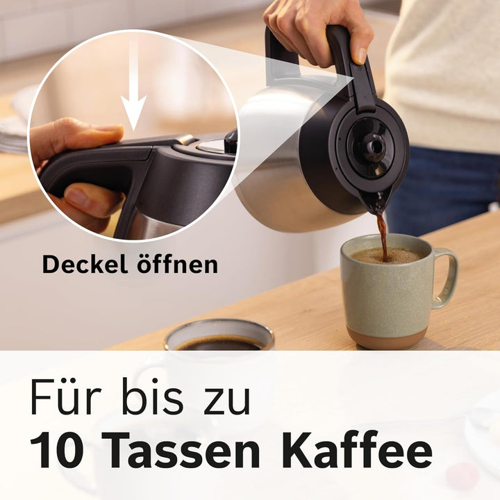 Mașină de cafea cu filtru Bosch Mymoment TKA6M273, cană termo 1 L, pentru 8-12 cești, opritor de picurare, suport pivotant pentru filtru, program de detartrare, rezervor de apă detașabil, 1200 wați, negru mat