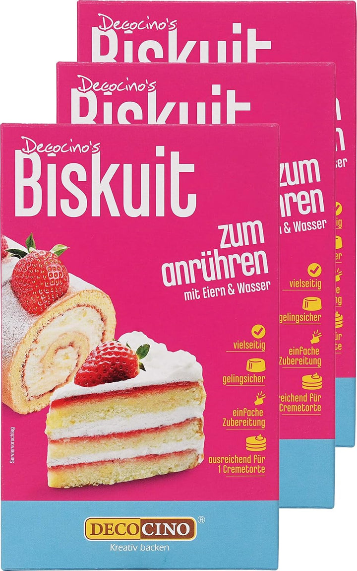 DECOCINO Biskuit Backmischung Set (3X250 G) – Einfache Zubereitung – Gelingsicher – Zum Backen Von Luftigen Biskuitböden, Creme-Torten, Biskuitrollen Uvm.