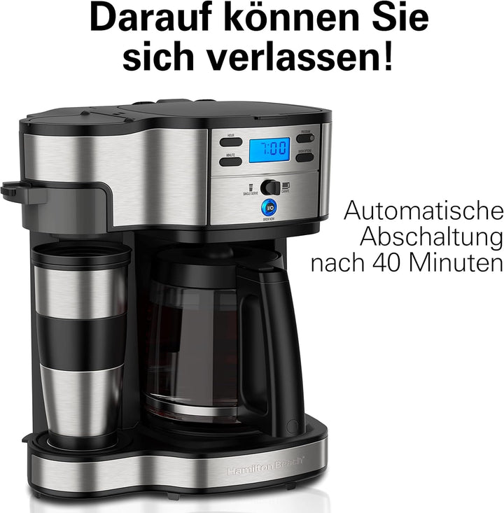 Hamilton Beach aparat de cafea cu sistem dublu de preparare, cu cană de călătorie, până la 12 cești de cafea, filtru programabil, aparat de cafea complet automat, 1,8 litri, negru (49980A-CE)