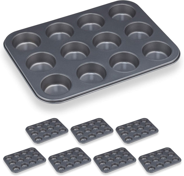 Relaxdays Muffinform, 2Er Set, 12Er Muffinbleche, Antihaftbeschichtet, Carbonstahl, Muffins & Cupcakes, Ø 6,5 Cm, Grau, 10030825