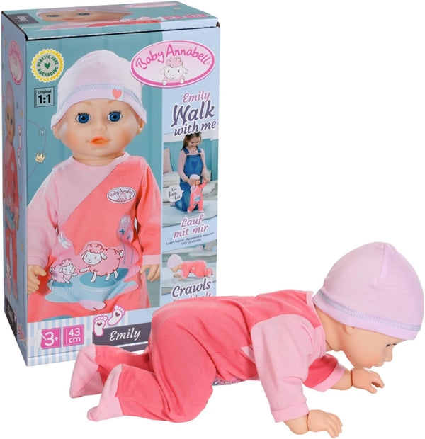 Baby Annabell Emily Run With Me 43cm, păpușă care se târăște și merge, cu funcție de sunet, rochiță și pălărie roz, 710623 Zapf Creation