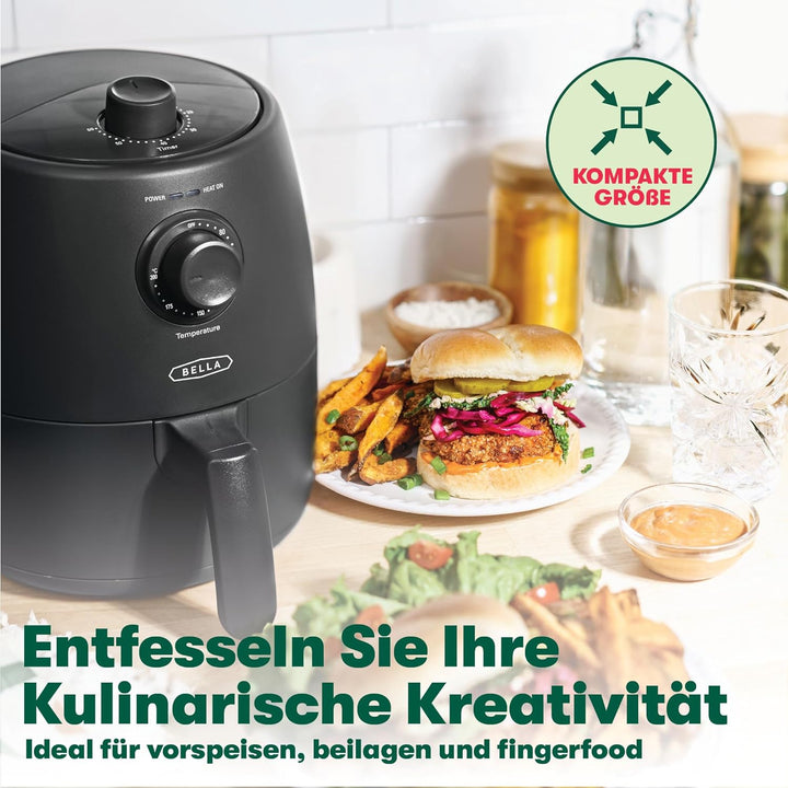 BELLA Heißluftfritteuse 1.9L, 5-In-1 Kompakter Multikocher, Antihaftbeschichtung, Spülmaschinenfester Korb, Mattschwarz