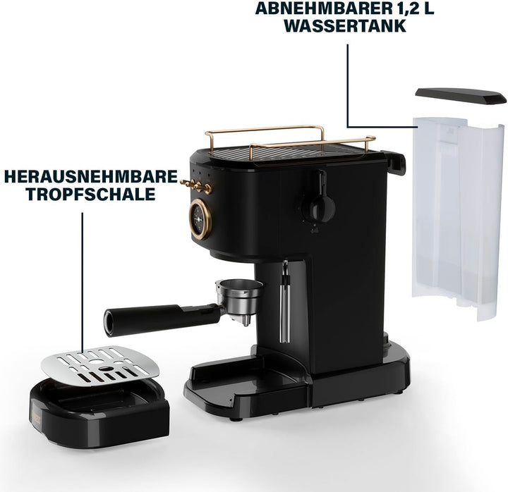Espressoare Princess, 1100W, 20 bar presiune, Încălzitor de cești, Duză de abur, Rezervor de apă 1.2L, Pentru cafea, doze și capsule, Ușor de curățat, Oprire automată, 01.249417.01.001