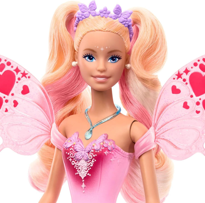 Mattel Barbie Doll Fairy cu baghetă de jucărie și accesorii de modă, temă fantastică cu aripi și ținută care își schimbă culoarea, JCP76, [Multicolor]