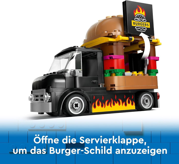LEGO City Burger Truck, set de construcție cu mașină de jucărie pentru copii de 5 ani, minifigurină Food Truck și accesorii, cadou distractiv pentru băieți și fete 60404