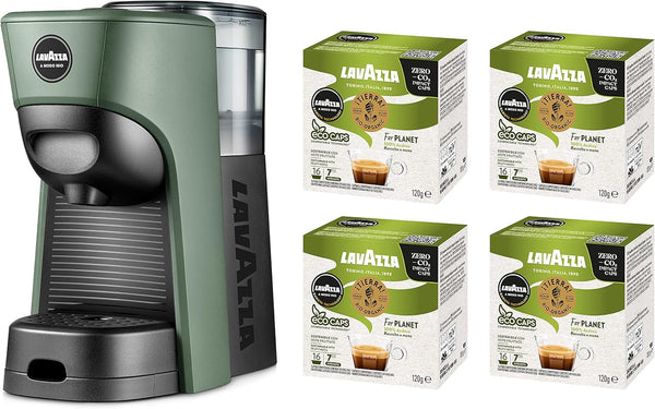 Lavazza, un aparat de cafea Modo Mio Tiny Eco Green cu 64 de capsule asortate, espressor fabricat din plastic reciclat, 1450 W, 220-240 V, 50/60 Hz, 0,6 litri