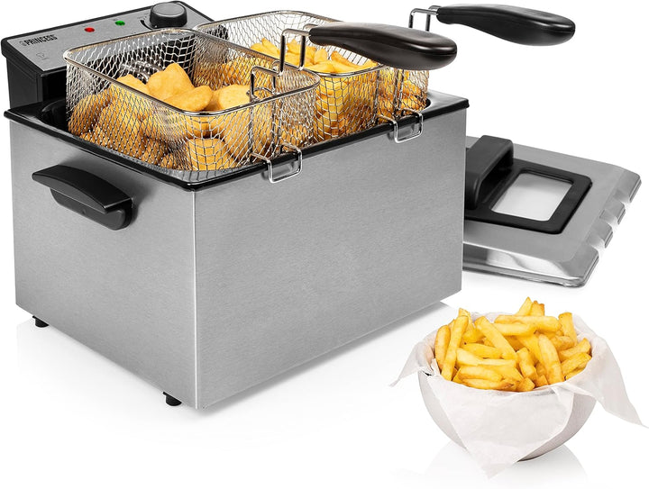 Princess Fritteuse – 3270 Watt, 5 Liter, Thermostat, 3 Frittierkörbe, Kaltzone, 6-7 Personen, 185000, Grau