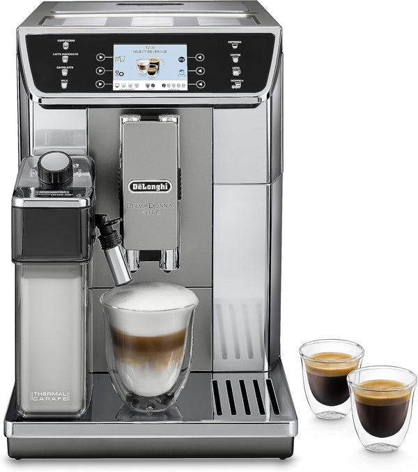 Aparat de cafea complet automat De'Longhi Primadonna Elite ECAM 656.55.MS Cu sistem de lapte Lattecrema, cappuccino și espresso, afișaj color cu ecran tactil TFT de 3,5 inchi și control prin aplicație, față din oțel inoxidabil, argintiu