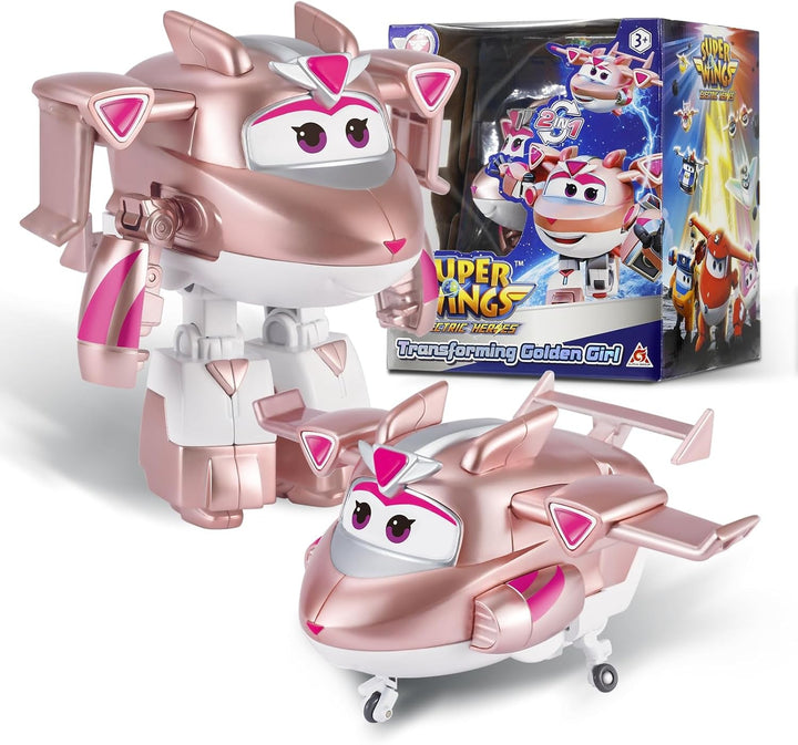 Super Wings Transformation Plane Supercharged Traver, Aprox. 12.7 Cm Figură mare de joacă pentru copii, avion de jucărie și figură de robot pentru băieți și fete de peste 3 ani, argintiu