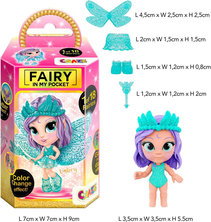 CRAZE Fairy in My Pocket | Păpușă zână cu aripi, jucărie zână de colecționat cu efecte speciale precum sclipici, strălucire în întuneric și schimbare de culoare