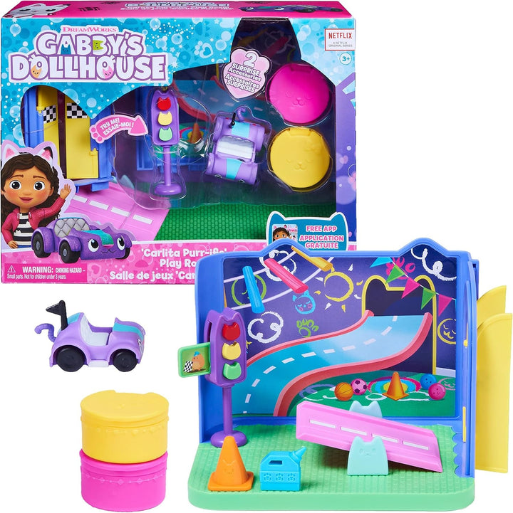 Gabby's Dollhouse Deluxe Room, cameră de joacă Purr-Ific, cameră de joacă cu mașină de jucărie Carlita, 2 piese de mobilier și 2 cutii surpriză cu accesorii, potrivită pentru copii de 3 ani și peste