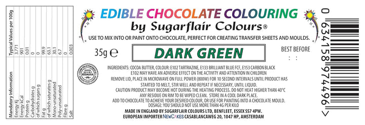 Sugarflair Dark Green Chocolate Colouring - Farbige Kakaobutter Zum Färben Von Schokolade Oder Zum Direkten Bemalen Von Schokolade, Transferblättern Oder Formen - 35G