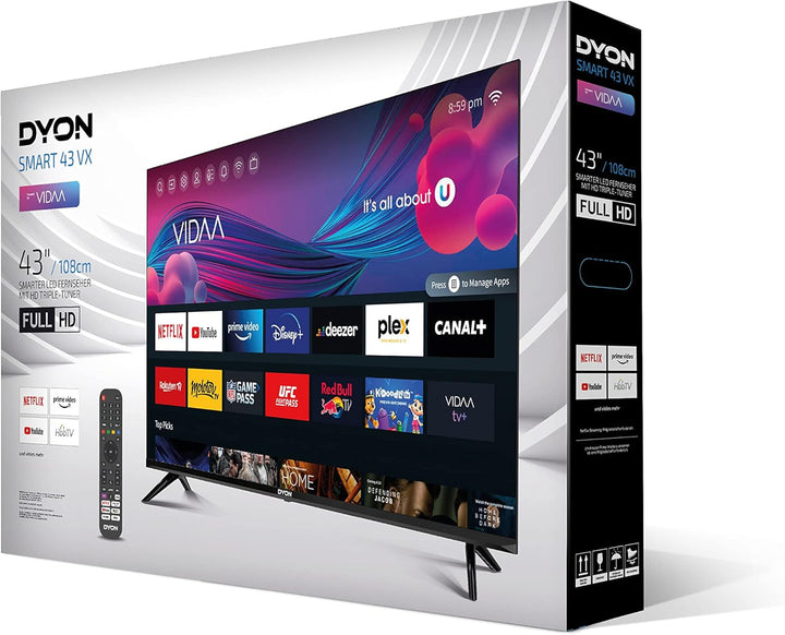 DYON Smart 43 VX 108 Cm (43 Zoll) Fernseher (Full-Hd Smart TV, HD Triple Tuner (DVB-C/-S2/-T2), App Store, Prime Video, Netflix, Youtube, DAZN, Disney+) [Mod. 2022], Schwarz