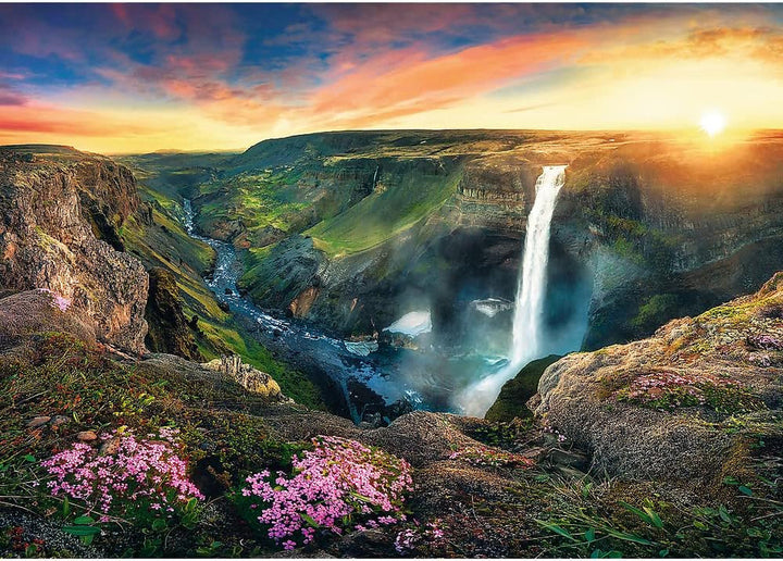 Trefl TR27091 Cascada Haifoss, Islanda 2000 de piese, calitate premium, pentru adulți și copii de la 12 ani Puzzle colorat, lumini din Dubai, roșu