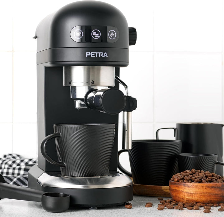Petra PT5240 Espresso Machine With Milk Frother - 1.4 L, Bpa-Free, Single & Double Barista Style Espresso, Compact, Pompă de presiune italiană de 15 Bar, Compatibil cu cafea măcinată, 1465W