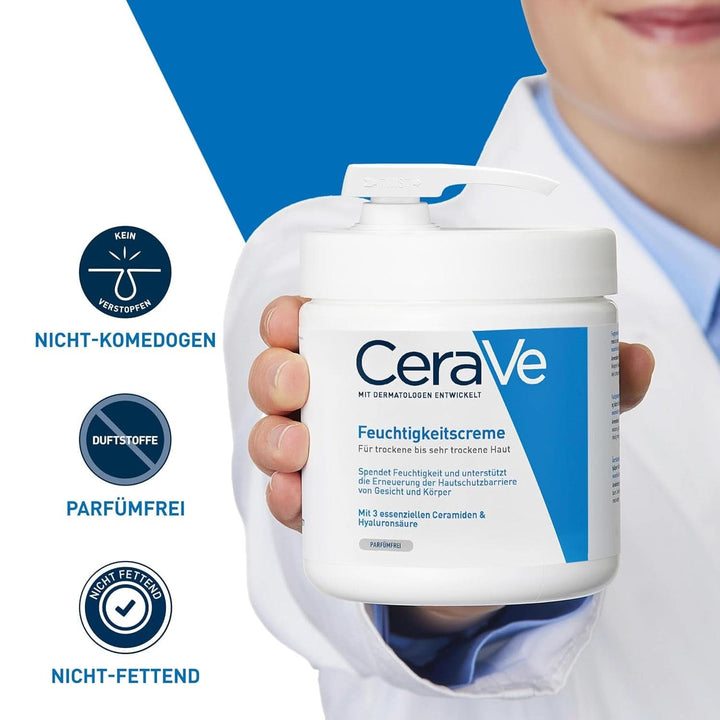 Cerave, Cremă hidratantă pentru corp și față pentru pielea uscată, cu hialuron și 3 ceramide esențiale, 454 g