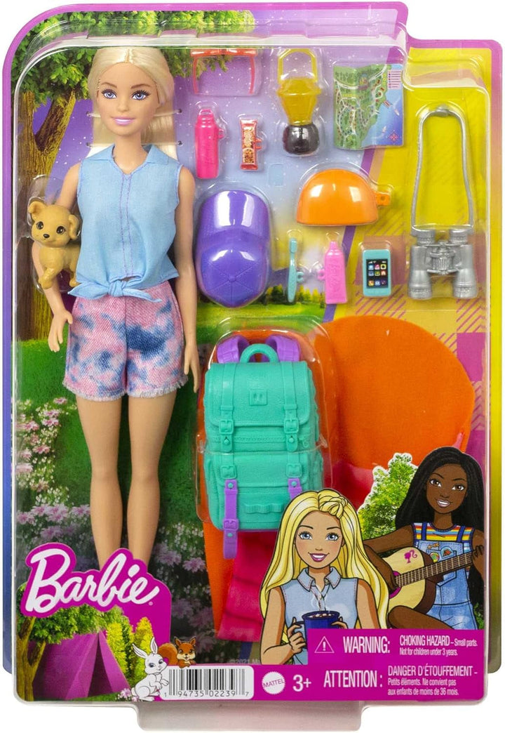 Barbie Camping Series, păpușă 1X cu păr blond, rucsac de drumeție, echipament de exterior, binoclu, hartă, cățel, accesorii, cadou pentru copii, jucărie de la 3 ani,Hdf73