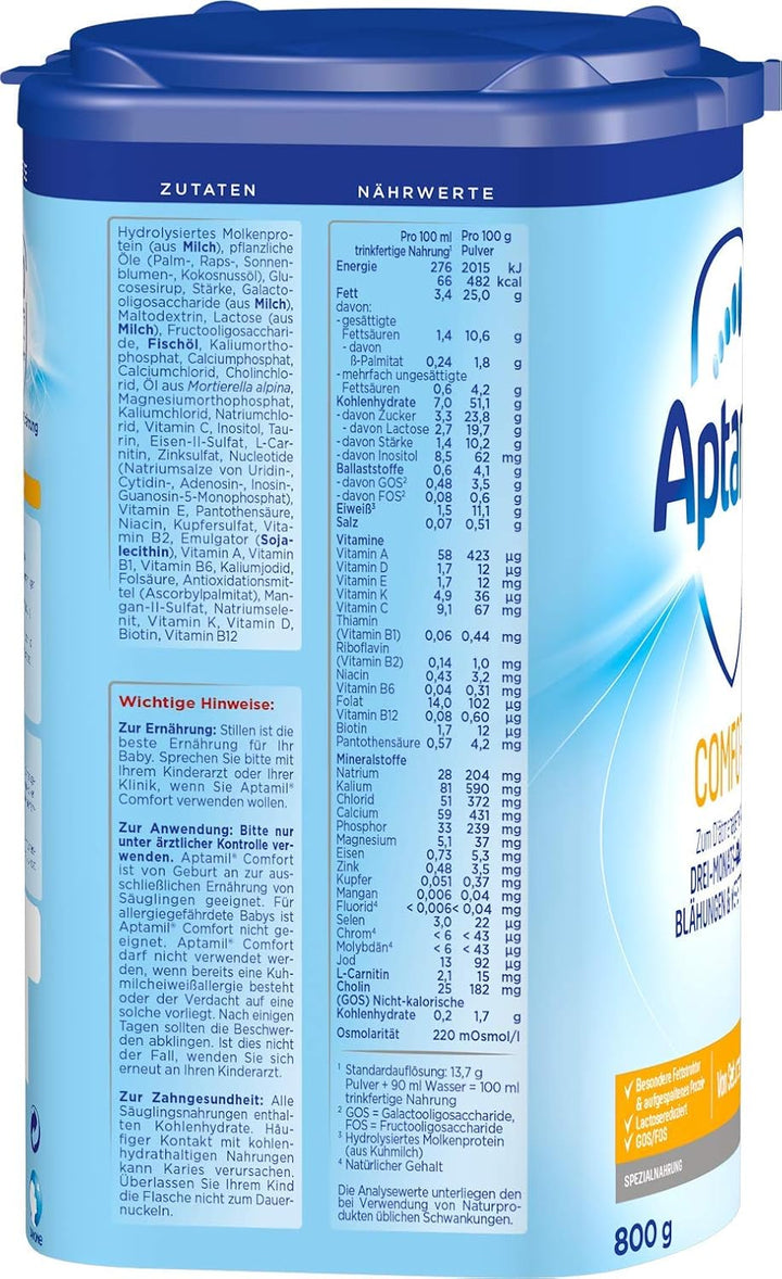 Aptamil Comfort – Spezialnahrung Von Geburt An, Zum Diät Management, Bei Koliken, Blähungen & Verstopfungen, Palmöl, Milchpulver, 1X 800 G