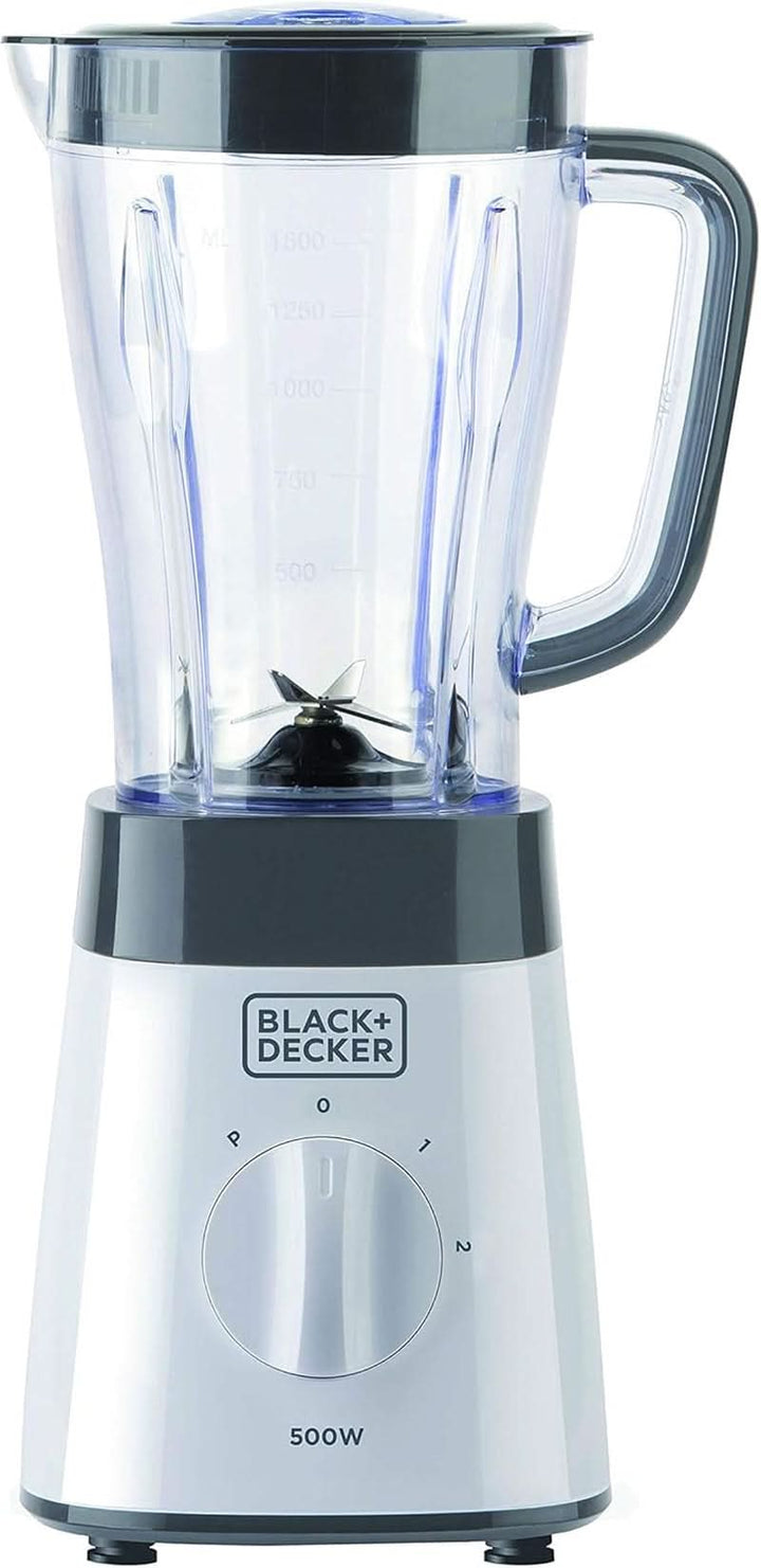 BLACK+DECKER Standmixer | 500W | 2 Geschwindigkeiten | Pulse-Funktion | Glaskrug | 1,5L | Edelstahlmesser Mit 4 Klingen | Herausnehmbar Und Leicht Zu Reinigen | Weiß Und Grau