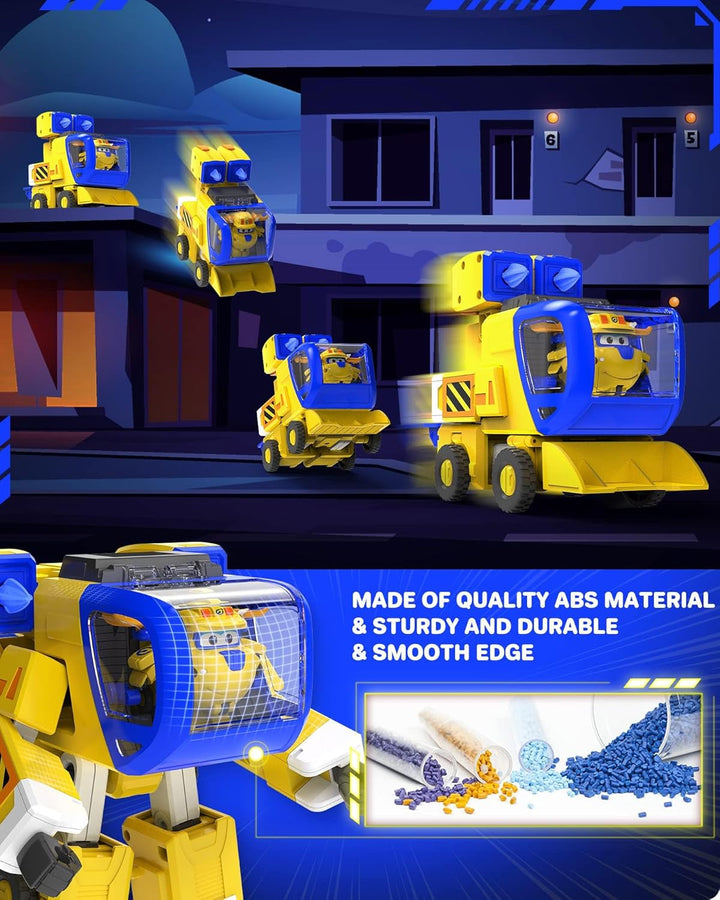 Super Wings EU750322 - Transforming New Robot Suit Donnie, Aprox. 23 cm figurină mare pentru copii, avion de jucărie transformabil și figurină robot, galben