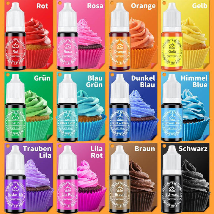 Lebensmittelfarbe 12 Farben X 12Ml - Lebensmittelfarbe Flüssig Zum Backen Von Kuchen, Decor, Lebensmittelqualität Für Fondant Macaron Zuckerguss DIY Seifen Schleimherstellung