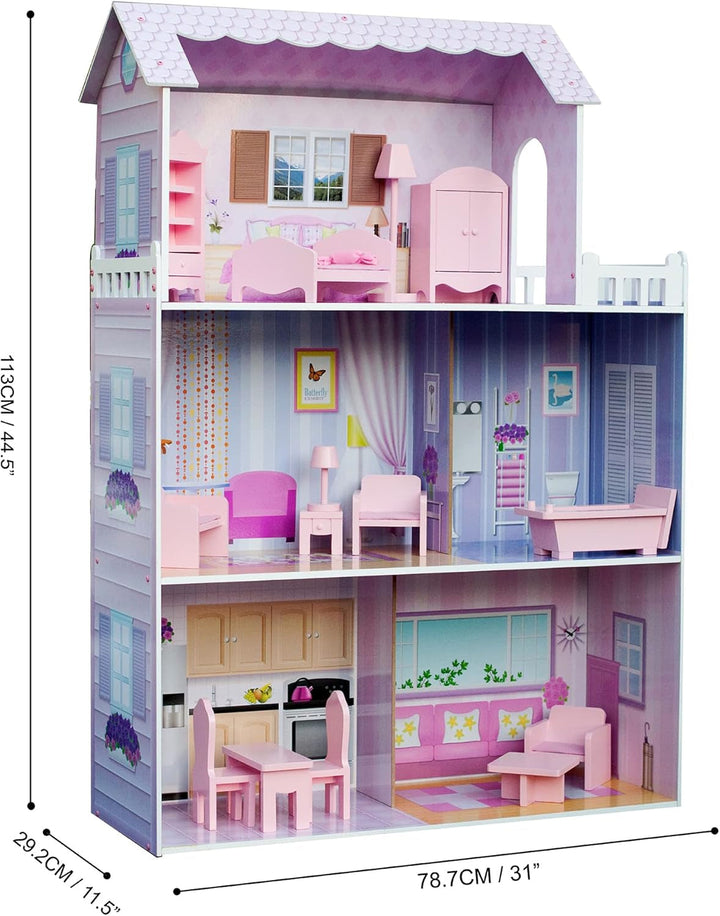 Olivia's Small World Giant Dollhouse, casă mare de păpuși din lemn cu mobilier și accesorii, casă de păpuși cu 3 etaje pentru copii, casă de păpuși pentru păpuși de 12", 3 ani +
