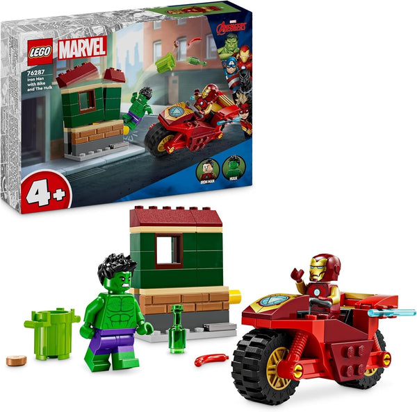 LEGO Marvel Iron Man cu bicicletă și Hulk, jucărie de construit supereroi pentru copii, set de colecționat cu bicicletă și minifigurine, cadou pentru fete și băieți de la 4 ani 76287
