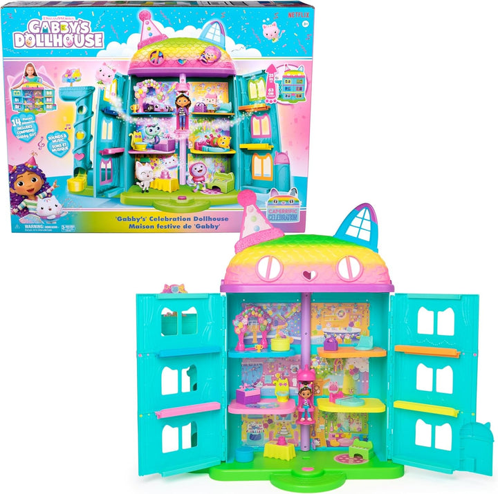 Casa de păpuși Gabby™S, set de 15 piese pentru casa de păpuși Purrfect Party cu aspect curcubeu, de peste 60 cm, cu figura Gabby, mobilier și efecte sonore, de la 3 ani