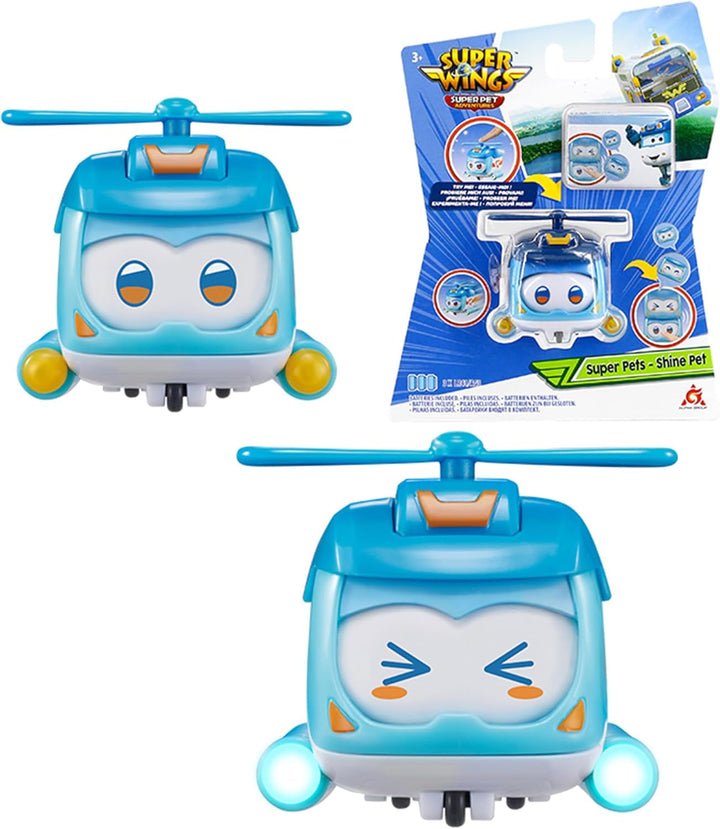 Super Wings Super Pets 4 PCS Shine, Golden Boy, Jerome, Ellie, cu expresie facială comutabilă, cu efect de fulger, portabil, jucărie pentru 3 4 5 6 7 8 ani băiat fată, 2 inci
