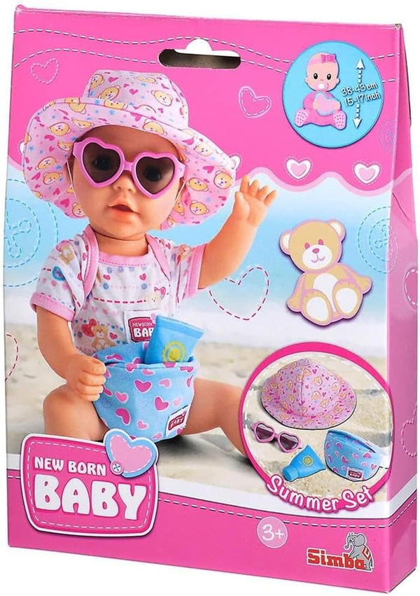 Simba 105560005 - New Born Baby, set de vară pentru păpuși, pălărie de soare, ochelari și tub de cremă, cu geantă cool, roz