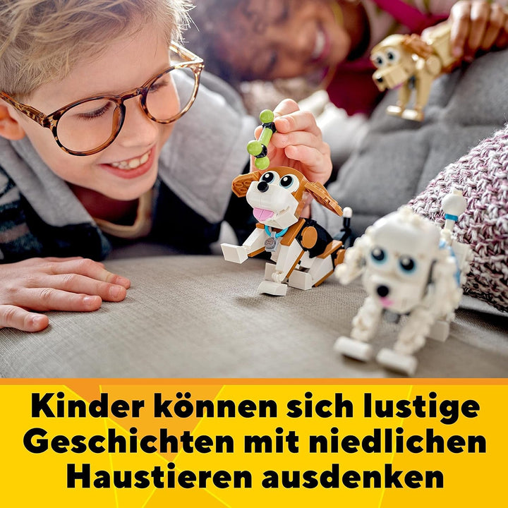 LEGO 31137 Creator 3In1 Set de câini drăguți cu figuri de animale Teckel, Pug, Poodle și multe altele, jucărie pentru copii 7+, cadou pentru iubitorii de câini