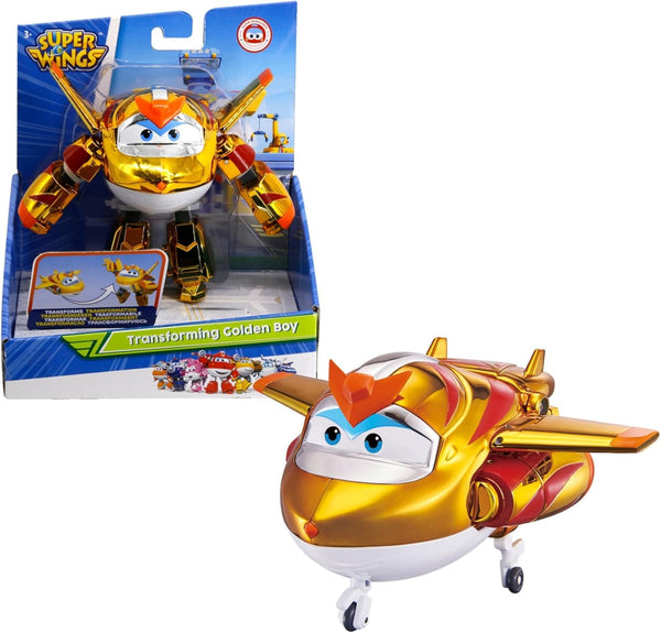 Super Wings EU750231 - Avion transformabil Golden Boy, aprox. 20,5 cm, figurină mare de joacă pentru copii, avion de jucărie transformabil și figurină robot