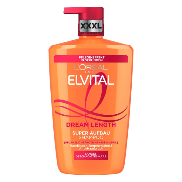 L'Oréal Paris Elvital Dream Length Super Aufbau Shampoo, Für Traumhaft Langes Haar, Mit Rizinus-Öl, Vitaminen & Pflanzlichen Proteinen, 1 X 1000 Ml