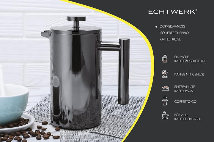 ECHTWERK Presă franceză din oțel inoxidabil, presă de cafea termoizolată cu pereți dubli, filtru de cafea cu filtru de presă pentru acasă, camping și birou, Black Edition, 800 Ml