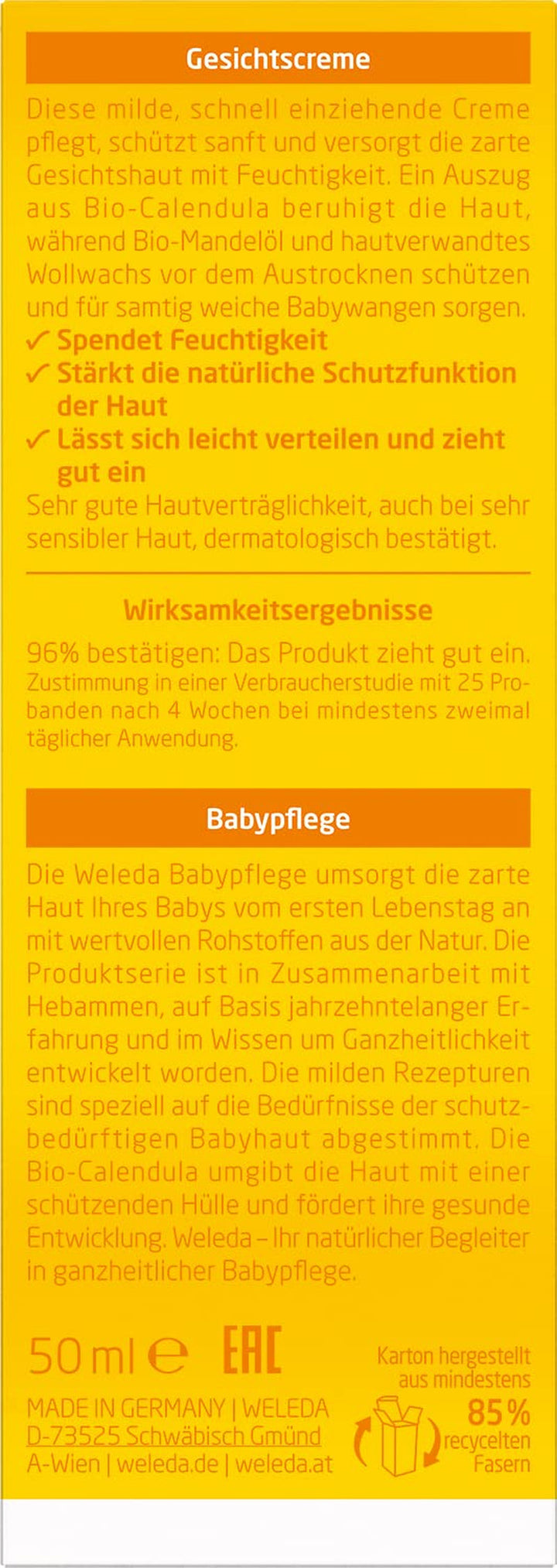 WELEDA Organic Baby Calendula Face Cream - Cremă hidratantă cosmetică naturală cu ulei de migdale și ceară de albine pentru îngrijirea pielii uscate. Cremă naturală de îngrijire facială pentru bebeluși și copii (1x 50ml)