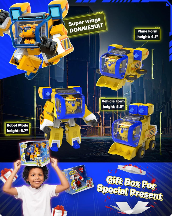 Super Wings EU750322 - Transforming New Robot Suit Donnie, Aprox. 23 cm figurină mare pentru copii, avion de jucărie transformabil și figurină robot, galben