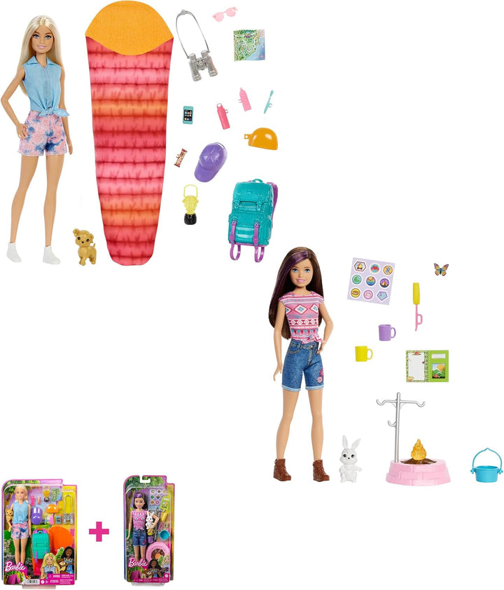 Barbie Camping Series, păpușă 1X cu păr blond, rucsac de drumeție, echipament de exterior, binoclu, hartă, cățel, accesorii, cadou pentru copii, jucărie de la 3 ani,Hdf73