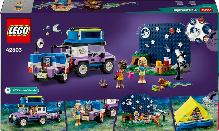 Set de vehicule de camping LEGO Friends Stargazer cu mașină de teren și telescop de jucărie, cadou de la 7 ani pentru fete și băieți, include figurile de joc Nova, Aliya și un câine 42603