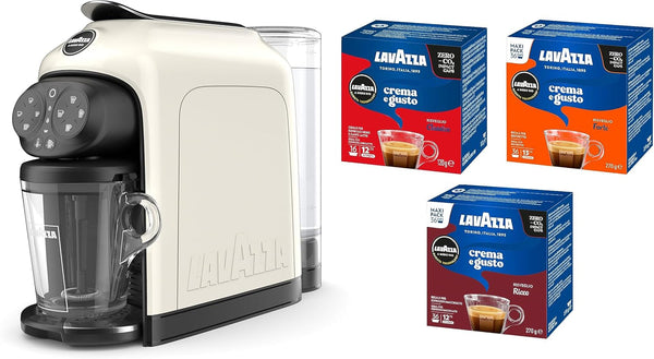 Lavazza, a Modo Mio Cafetiera Deséa White Cream Cu 88 Capsule Crema Si Arome Asortate, Espresso 1500 W, 220-240 V, 50/60 Hz, Capacitate Max. 10 Capsule Si 1.1 Litri Apa
