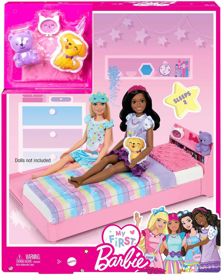 Barbie My First Series, Pat rulant, Pat cu accesorii, Ceas cu alarmă, Ursuleț de pluș, Set negru, Pernă, Păpușă, Cadou pentru copii, Jucării de la 3 ani,Hmm64