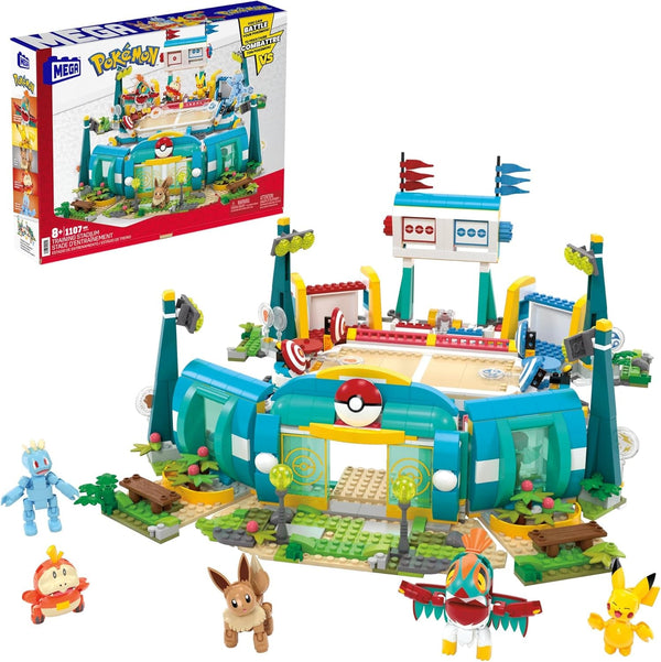 MEGA Pokémon Action Figure Building Toy, Arena de antrenament cu 1101 piese, joc de lupte și 5 figuri mobile pentru copii, HWR82