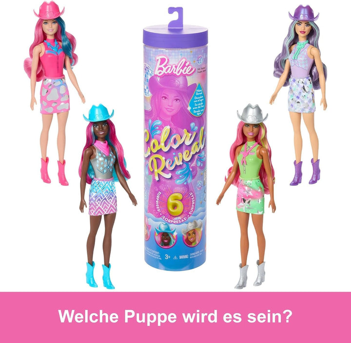 Barbie Color Reveal Fashion Doll și accesorii cu 6 surprize, seria Disco Star cu strălucire metalică și top cu schimbare de culoare (stilurile pot varia), JCP01