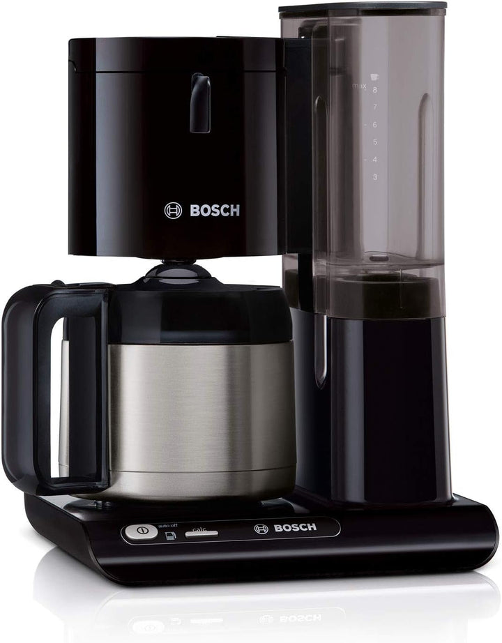 Bosch filtru de cafea Styline TKA8A053, senzor de aromă, cană termo din oțel inoxidabil 1,1 L, pentru 8-12 cești, oprire automată, sistem de detartrare, opritor de picurare, rezervor de apă detașabil (1 L), 1100 W, negru