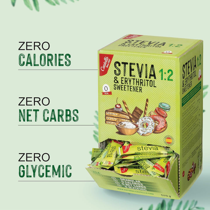 Stevia + Erythrit 1:2 Süßstoff | 204 Beutel Mit 2,5 G | 100% Natürlicher Zuckerersatz - 0 Kalorien - 0 Glykämischer Index - Keto Und Paleo - 0 Kohlenhydrate - Kein GVO - Castello since 1907-510 G