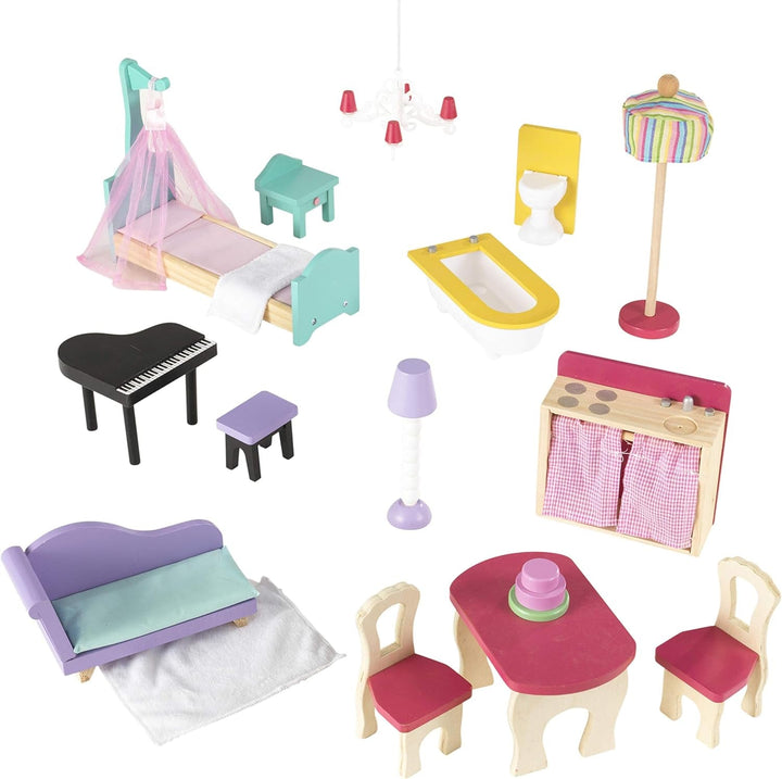 Casa de păpuși din lemn Kidkraft Annabelle cu mobilier și accesorii, set de joacă cu lift și balcon pentru păpuși înalte de 30 cm, jucărie pentru copii de la 3 ani, 65934